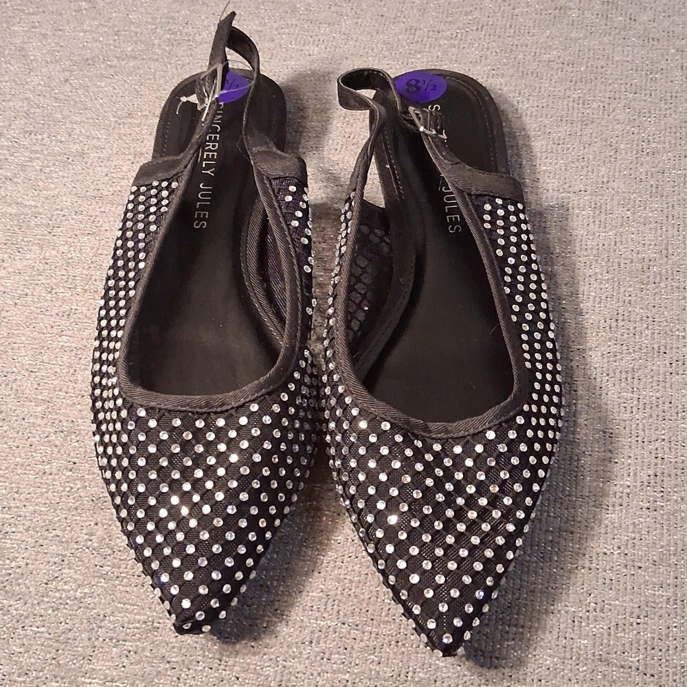 Sincerely Jules Lark Flats Womens 8.5 Black NWOT Rhinestone Mesh Slingback Shoes